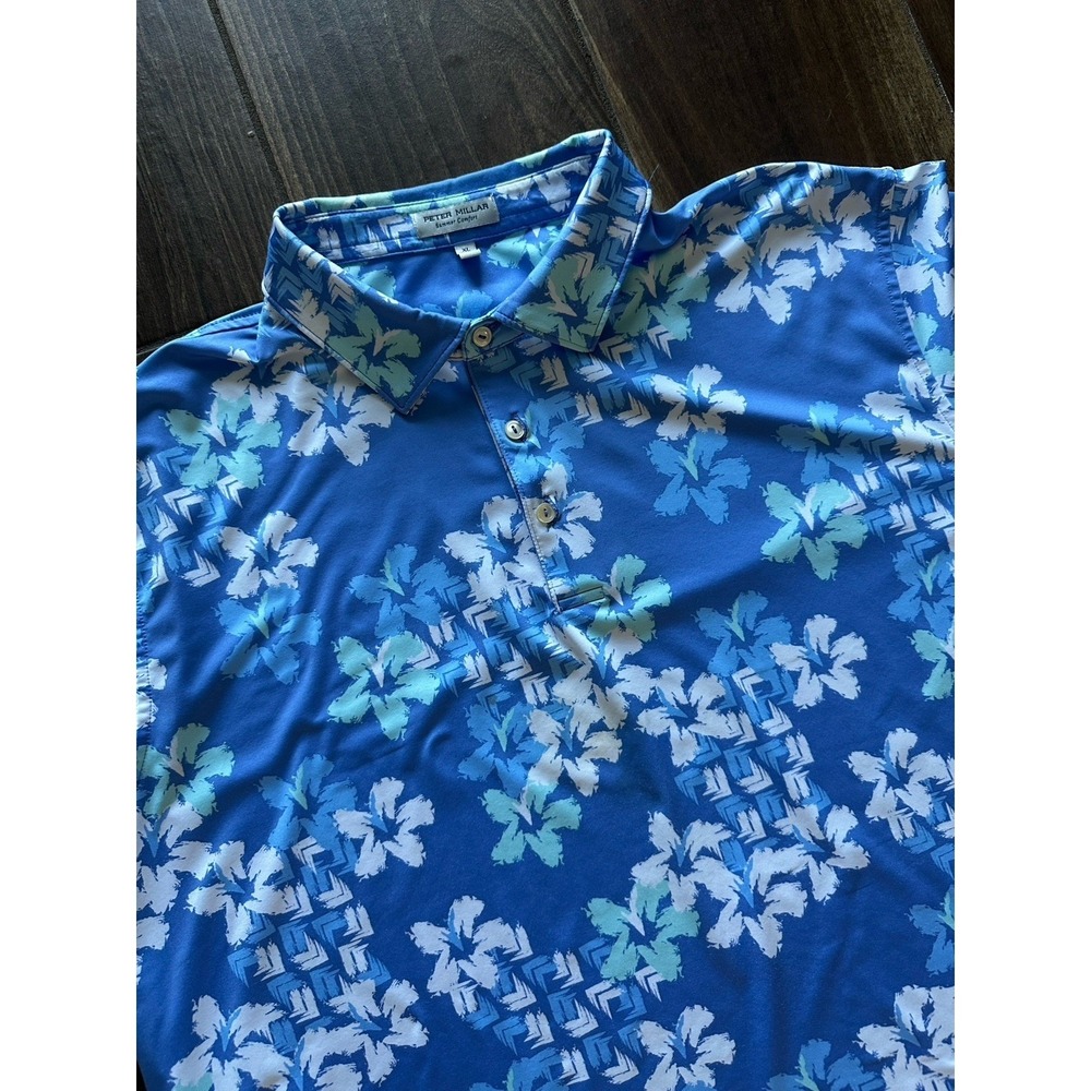 Peter Millar Summer Comfort Mens XL Blue Floral Geometric Golf Polo Shirt XL
